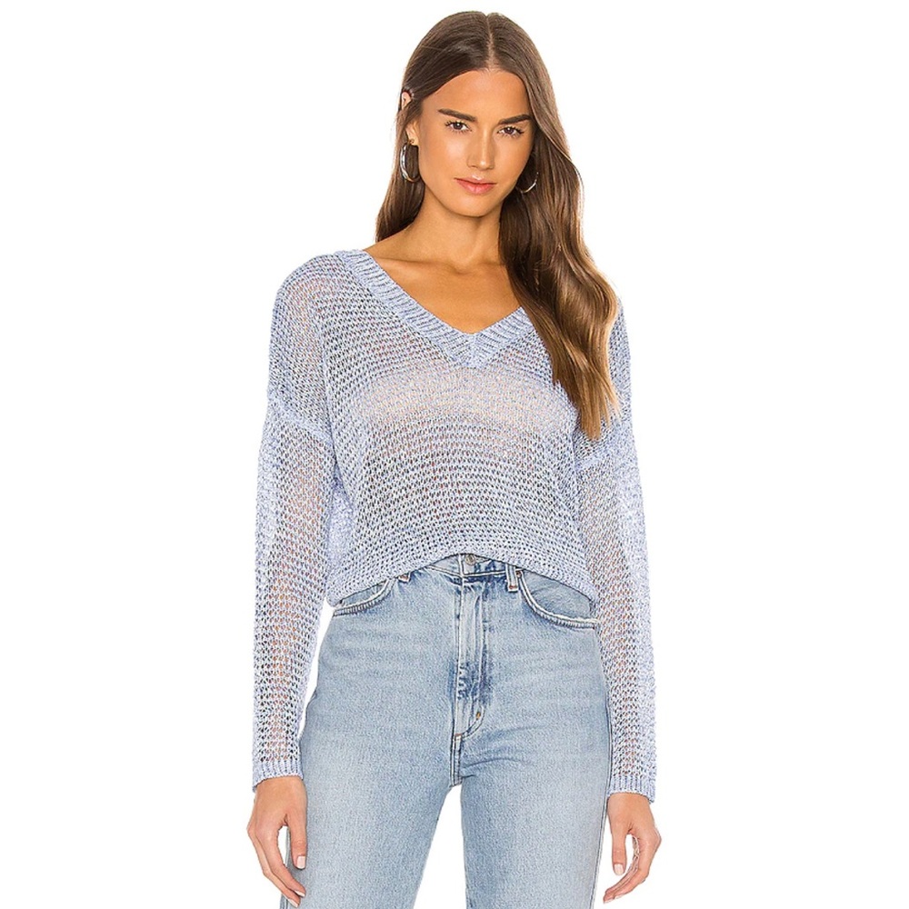 Superdown Baby Blue Open Knit V-Neck in Front and Back Sweater New with Tags